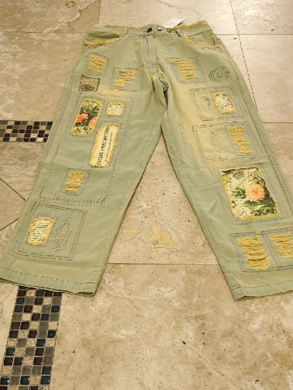 PAPER Lace Embellished Patchwork Trousers in Light Green
